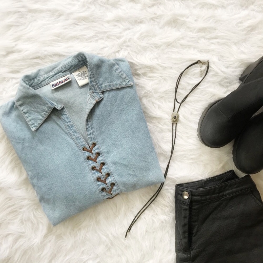 Bill Blass Vintage Denim Lace Up Top